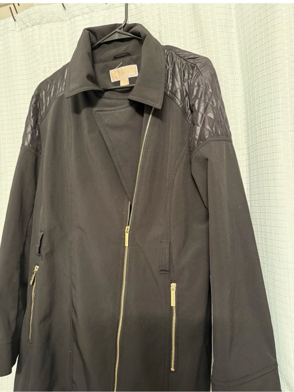🌻🔥Michael Kors Black Trench Coat Asymmetrical with Quilted Shoulder Panels🔥🌻